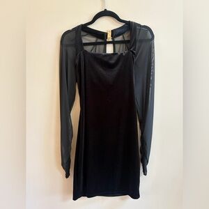 NWT Club L London Black Velvet Bodycon Mini Dress With Sheer Sleeves